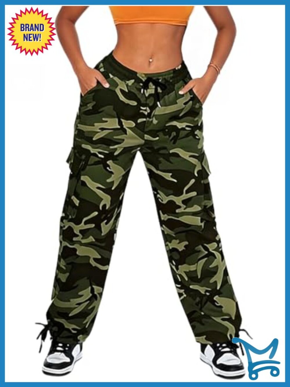 Womens Camo Cargo Pants High Waisted Drawstring Ankle Y2K Streetwear